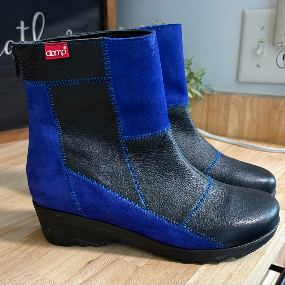 Clamp Blue and Black Wedge Leather and Suede Ankle Boots